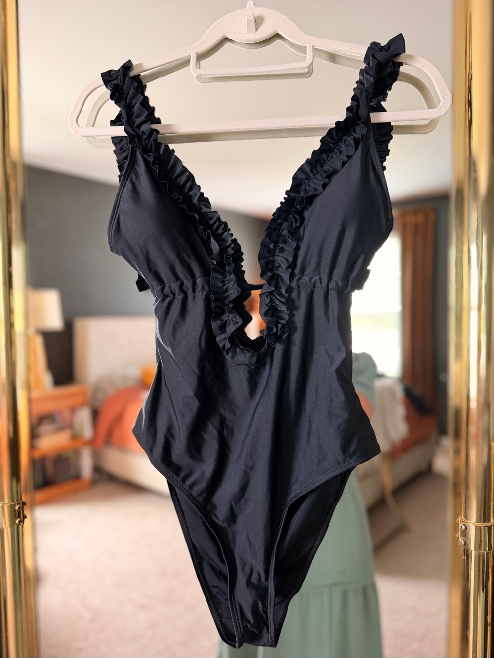Ruffled Deep V One-Piece Swimsuit - Black